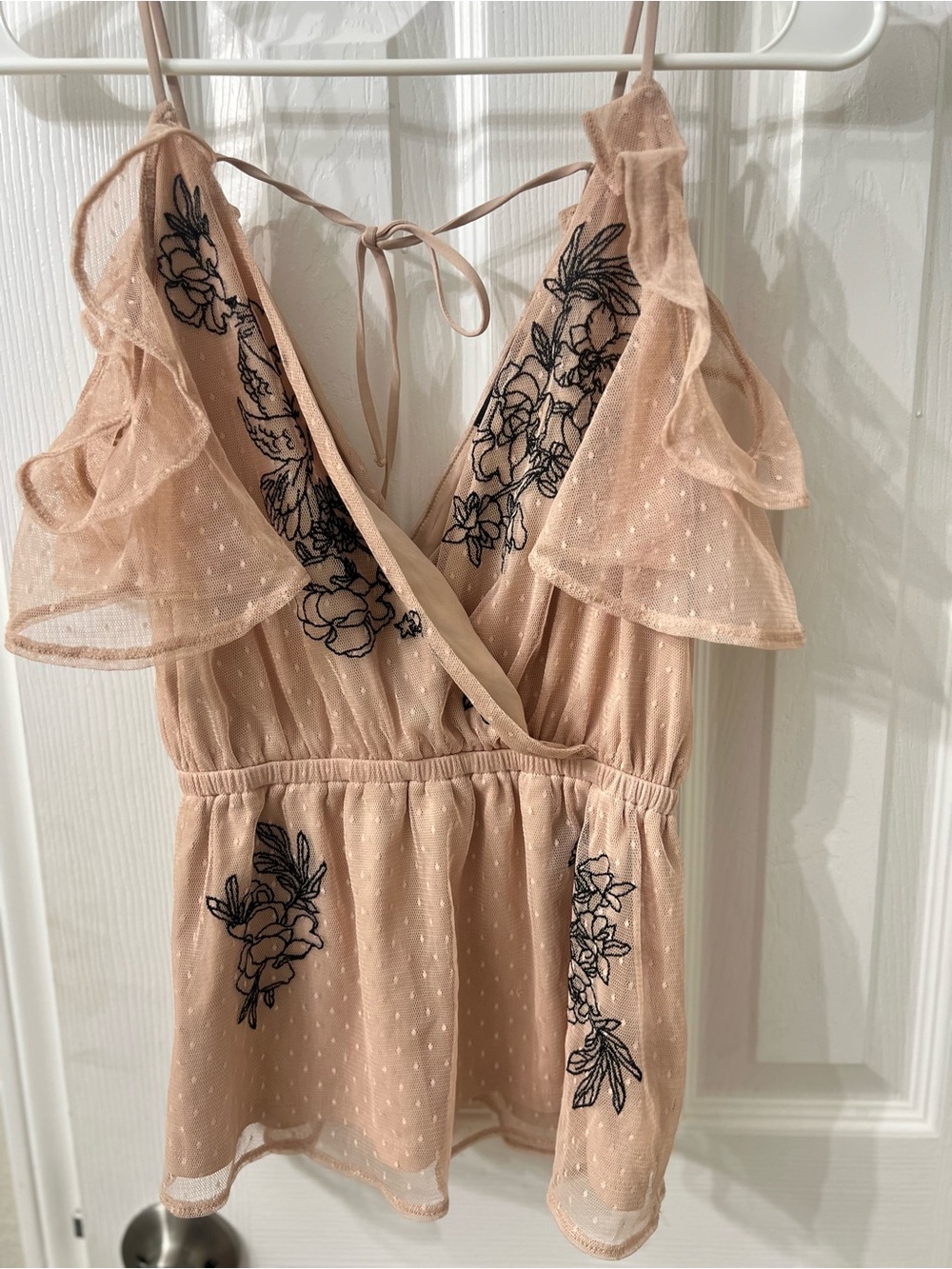 Cream and Tan off the shoulder embroidered tank with ruffle sleeves Express XS